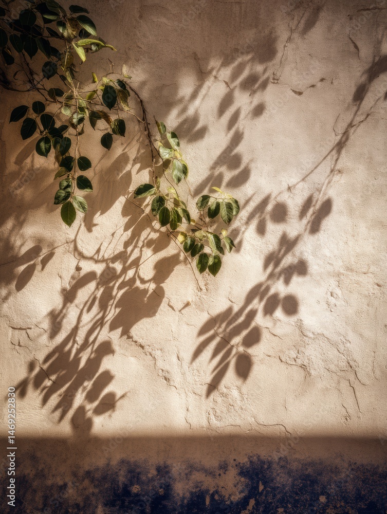 Poster shadows of leaves create intricate patterns on a textured wall illuminated by summer sunlight genera