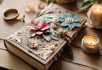 distinctive notebook with a cutout cover, featuring raised floral embellishments and intricate, unique design.
