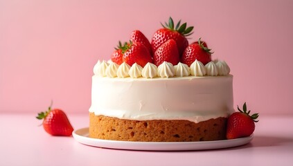 Delicious strawberry cake with whipped cream topping on a pink background. Fresh strawberries add a vibrant touch. Ideal for food, dessert, and celebration themes. Sweet and inviting design.