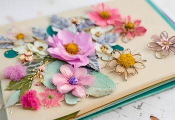 distinctive notebook with a cutout cover, featuring raised floral embellishments and intricate, unique design.
