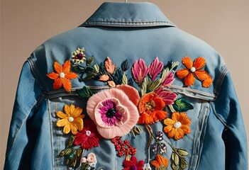 Delicate floral embroidery stitched onto thick navy blue fabric, creating a richly textured and elegant surface.

