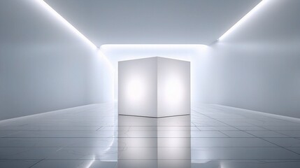 Fototapeta premium Pure White Cube Illuminated in Spotlight on Seamless White Floor