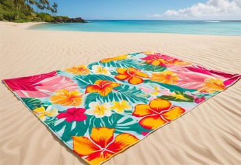 Floral-patterned beach mat, ideal for sitting on sand, providing comfort and style by the sea.

