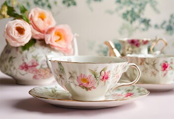 Beautiful floral ceramic tea and coffee set, elegant design.
