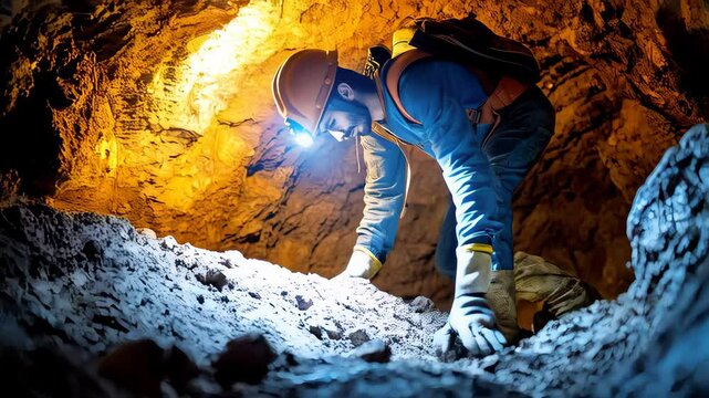 Miner explores ancient cave system while searching for precious minerals in remote location at dusk
