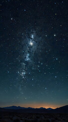 A dark sky studded with stars. Lightly illuminated ground and hills.