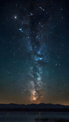 Fototapeta premium Dark sky studded with stars, tails of light from the stars. Slightly illuminated land, water surface, hills.