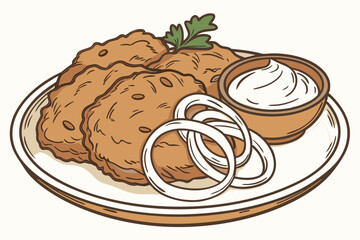 70 ceramic plate, golden-brown fried chicken, white onion slices, parsley sprig, creamy white sauce in bowl, crispy textured surface, warm appetizing colors, detailed food illustration