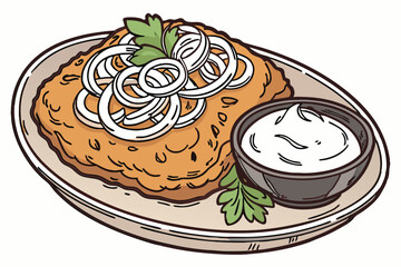 70 ceramic plate, golden-brown fried chicken, white onion slices, parsley sprig, creamy white sauce in bowl, crispy textured surface, warm appetizing colors, detailed food illustration