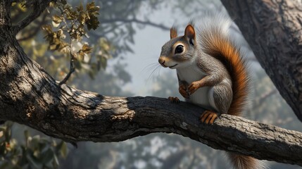 Obraz premium Squirrel perched on a branch in the peaceful forest environment