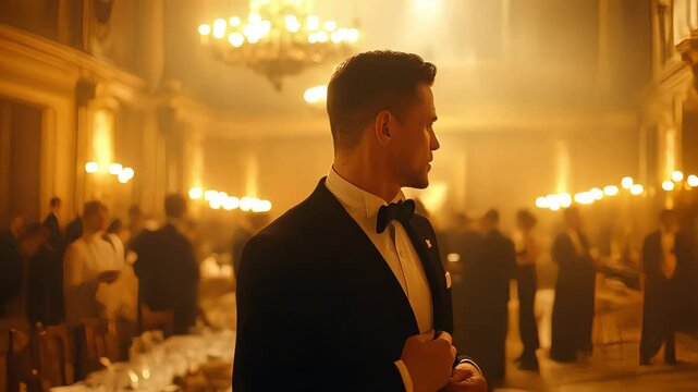 Elegant dinner party in a lavish hall showcasing an intriguing character in formal attire