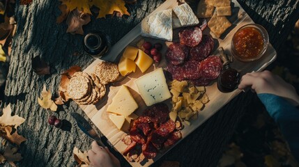 Autumnal Feast, Gourmet Charcuterie Board Displayed on Rustic Tree Surface