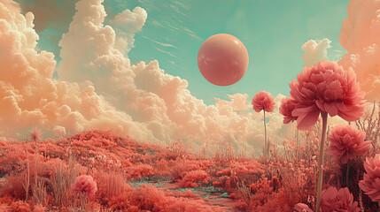 Pink Flower Field. Fantasy Cloud Sky AI generative 