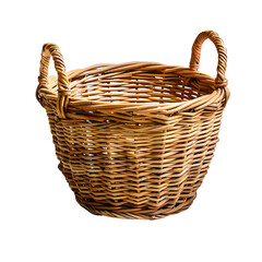 Obraz premium Woven Wicker Basket: A detailed, high-angle shot showcases a classic wicker basket, emphasizing its interwoven texture, organic form, and sturdy handles.