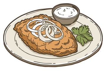 70 ceramic plate, golden-brown fried chicken, white onion slices, parsley sprig, creamy white sauce in bowl, crispy textured surface, warm appetizing colors, detailed food illustration