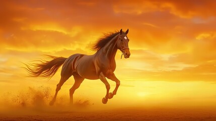 Obraz premium A majestic horse silhouette galloping across a golden sunset, its strong frame outlined against the fiery sky.