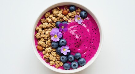 Vibrant Dragon Fruit Smoothie Bowl With Granola Blueberries and Edible Flowers on White Surface