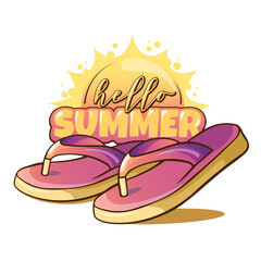 vector cartoon summer illustration with bright pink flip flops and the text Hello summer with sunshine