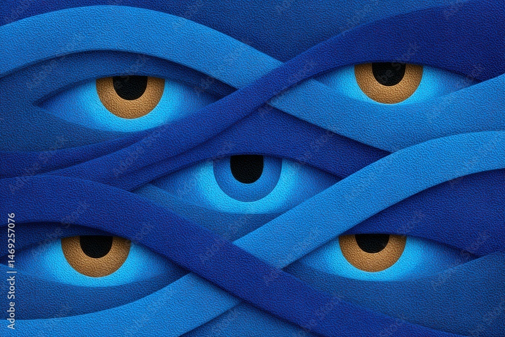 Poster intriguing composition of blue waves intertwined with eyes conveying depth perception and sensory aw