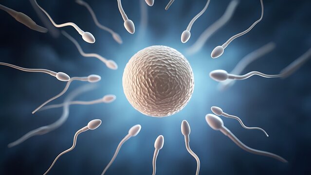 A 3D rendering of a human egg cell and sprem. The human fertilization concept