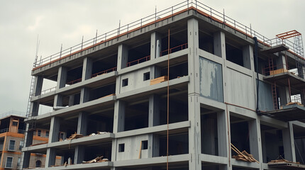 Building construction site showing concrete frame and metal scaffolding