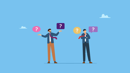 Vector illustration of puzzled business men doubting, deciding, setting priorities. Business people make choice, decision concept.
