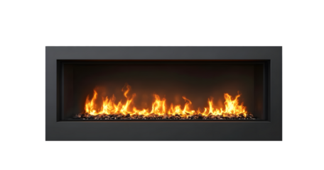 Rectangular, dark gray fireplace with a lively fire. The flames appear bright against the transparent background.