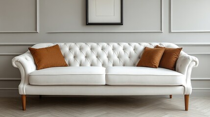 Classic white sofa with tan cushions in a modern room.
