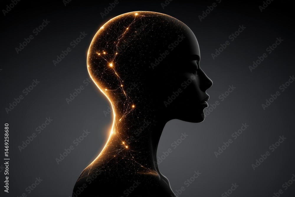 Poster a detailed representation of a modern mannequin silhouette illuminated by intricate light connection