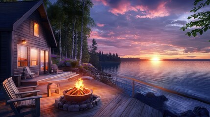 A relaxing evening scene in a vacation cabin by the lake, with a cozy fire pit and the sun setting in the distance.