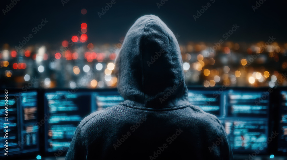 Poster cyber sabotage in a power plant as hacker infiltrates control systems with glowing monitors and emer