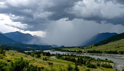 Obraz premium Dark Storm Clouds Over Lush River Valley