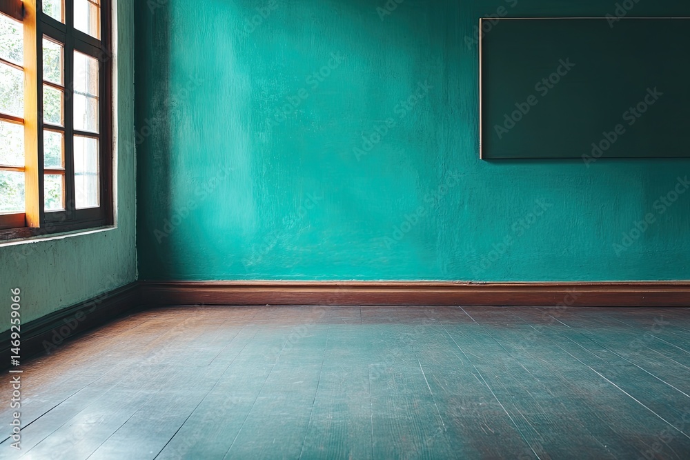 Poster empty teal room with window and blank frame
