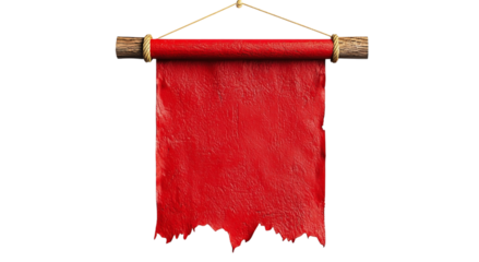 Png of A weathered red scroll hanging from a wooden rod, conveying a sense of ancient mystique and storytelling.