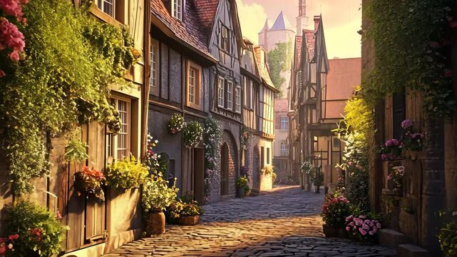 A quiet alley in a charming European city, cobblestone streets bathed in soft evening light.