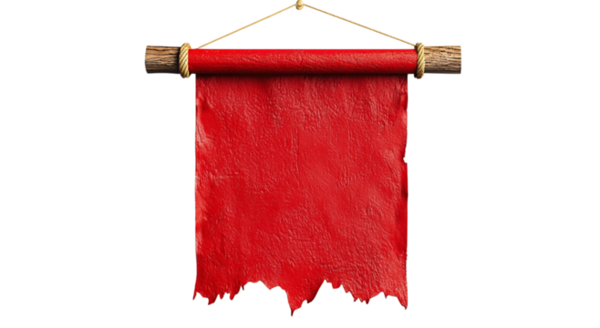 Png of A weathered red scroll hanging from a wooden rod, conveying a sense of ancient mystique and storytelling.