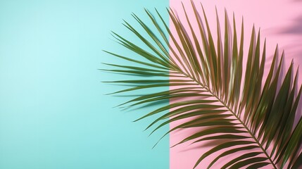 Palm leaf on a pastel pink and blue background