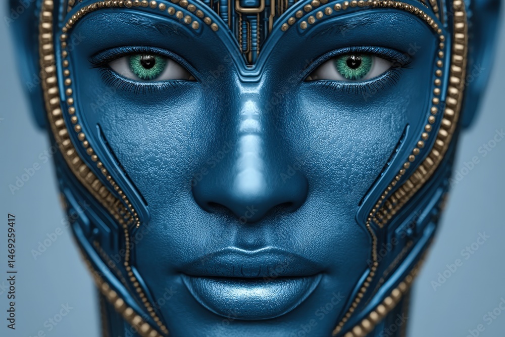 Poster futuristic humanoid figure with intricate metallic detailing and captivating teal eyes presenting an