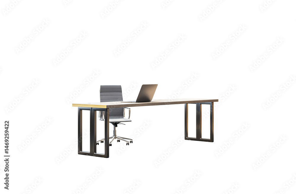 Poster office desk with laptop and sleek chair, isolated style on white background. layout concept for clea
