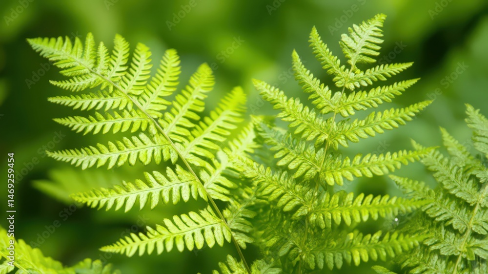 Poster close up of a green fern plant with intricate leaf details in a lush botanical setting with soft lig
