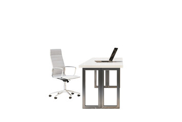 Fototapeta na wymiar Contemporary office chair and desk with laptop on clean white background, perfect for workspace layout, furniture template, or collage design. 3D Rendering