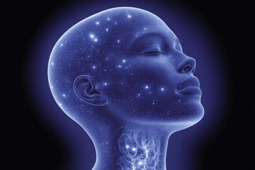 Obraz premium Digital abstract representation of a serene face filled with stars and cosmic elements showcasing the fusion of human consciousness and the universe signifying cosmic introspection