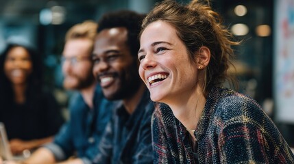 Obraz premium Creative Office Team Laughing During Cozy Modern Meeting