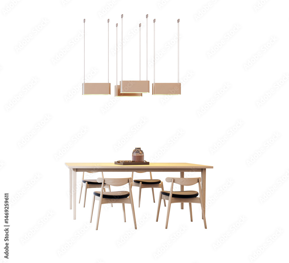 Poster wooden dining table with four chairs and rectangular pendant lights, minimal modern design, isolated