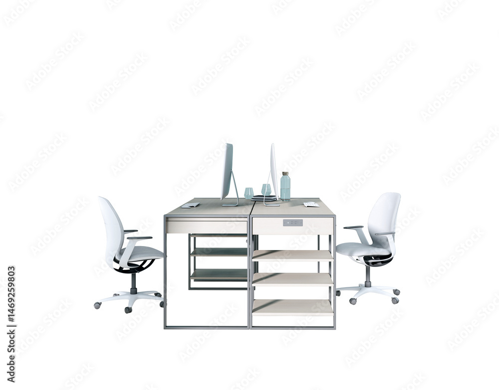 Poster contemporary office workstation with two white chairs and desk setup with monitors and accessories, 