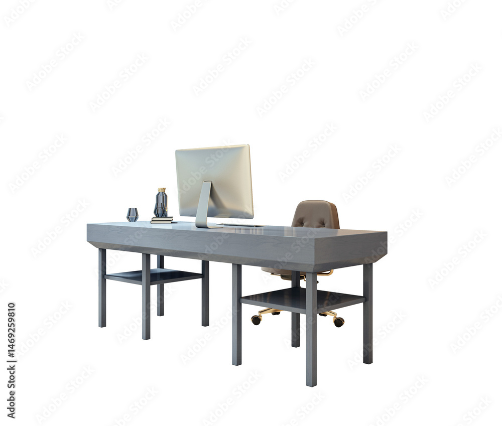 Poster stylish office desk with monitor, chair, and decor elements in a minimal modern design, isolated on 