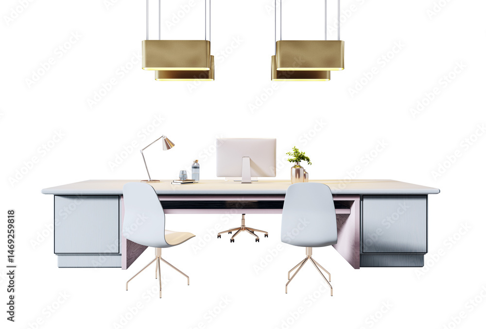 Poster contemporary office desk with computer, two chairs, lamp and ceiling lights isolated on white backgr