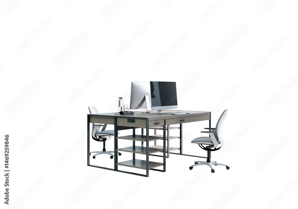 Poster modern office desk with computer, chairs, and storage shelves in a clean layout, isolated on white b