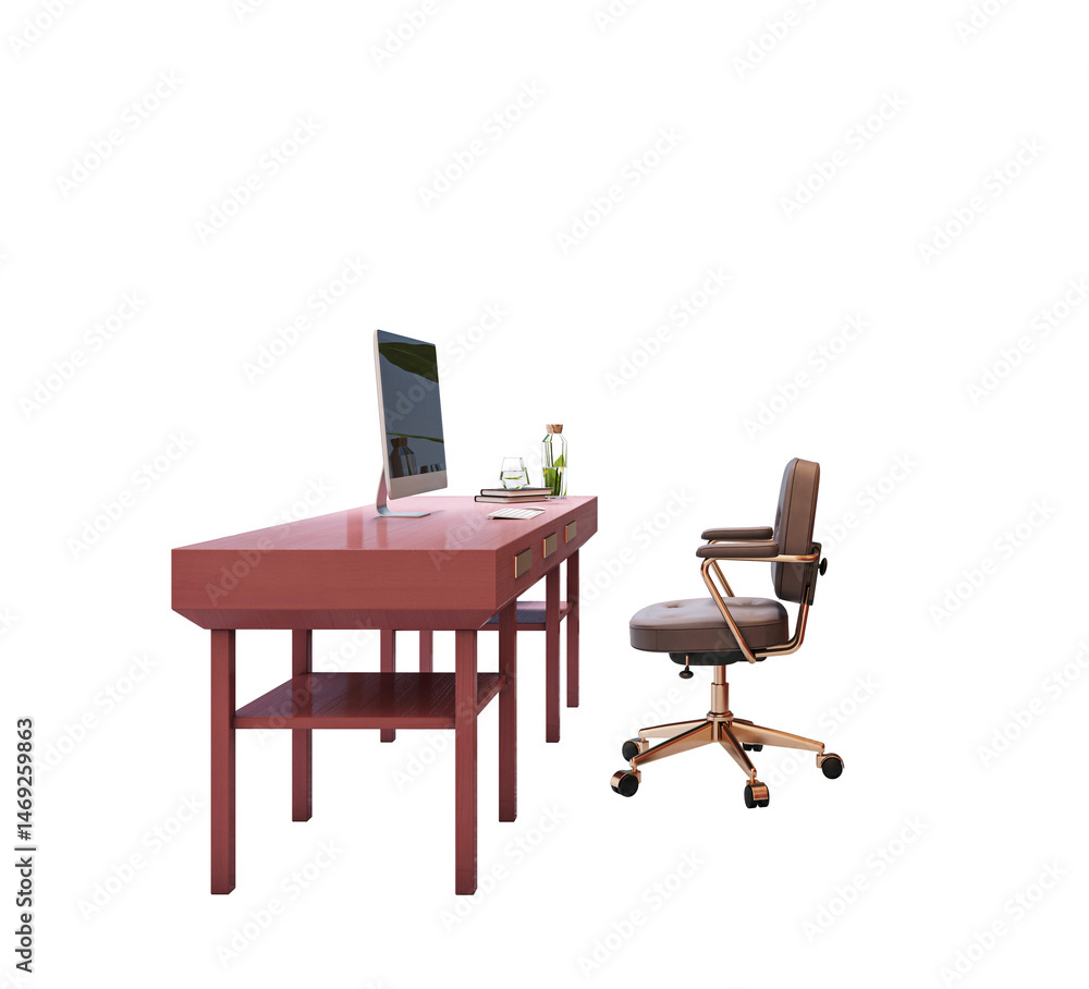 Aufkleber office desk with computer, glass, and chair on white background, clean closeup layout for template o