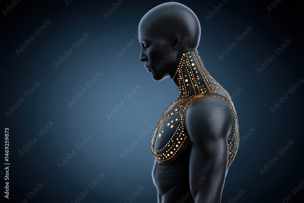 Poster futuristic humanoid figure glowing with luminous dots and intricate patterns showcasing the integrat